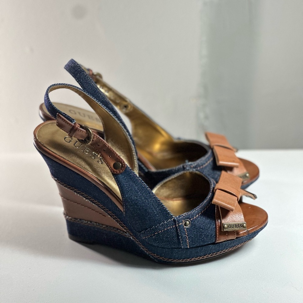 GUESS Denim and Tan Wedge Sandals